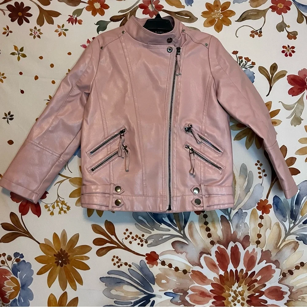 Kids M 7/8 Powder Pink Faux Leather Full Zip Motorcycle Spring Biker Jacket